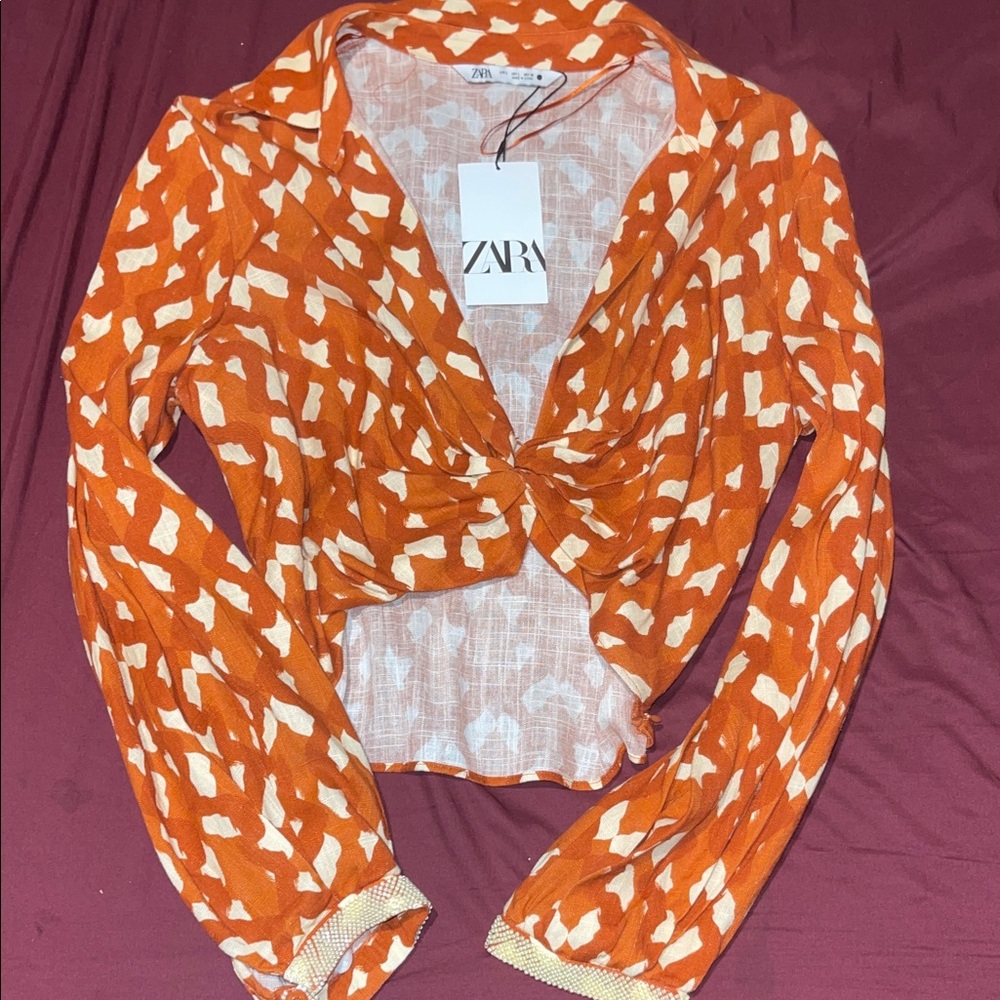 Zara Orange and White Patterned Button Down Shirt